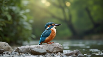 Fototapeta premium Elegantly perched bird in natural habitat during early morning light captures vibrant colors and tranquil atmosphere