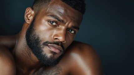 A close-up portrait captures a man in deep contemplation, emphasizing his thoughtful expression and strong features highlighted against a simple, dark background.