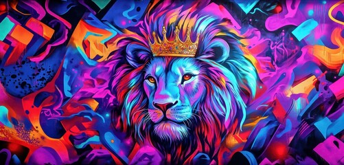 A vibrant graffiti mural of a lion with a crown, set against a backdrop of neon colors and abstract patterns.