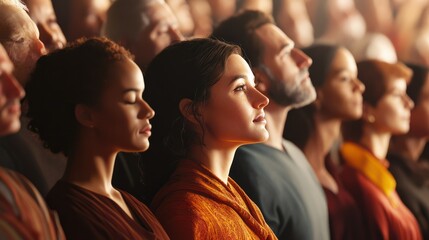 Fototapeta premium a. of a diverse choir singing at a spiritual gathering, with people from different faiths and cultures joining in harmony, Inclusive Communities, spiritual communitie