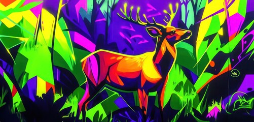 A vibrant graffiti of a deer standing in a neon forest, with bright greens and purples blending into abstract shapes.