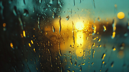 Closeup through window of rainy day with water dripping down glass against blurred colorful light background. Drops of rain on glass with filter effect retro vintage style defocused blurred wallpaper.