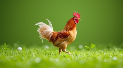 Fototapeta premium Colorful rooster walks confidently across green grass in bright daylight