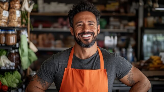 A man in an orange apron with a warm smile stands confidently in a market filled with fresh produce, depicting hospitality, service, and connection with customers.