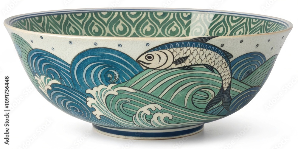 Poster cascading waves an intricate design on a bowl where a s swims through stylized waves using contrasti