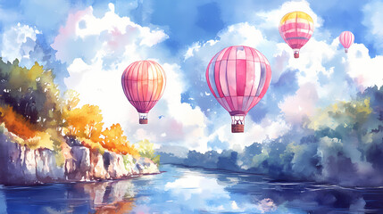 Obraz premium Watercolor colorful hot air balloons floating in the sky above the river illustration. Floating Hot Airships. Illustration