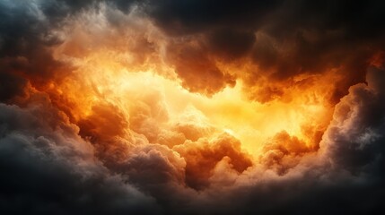 Vibrant hues of fiery orange and molten gold saturate this magnificent cloudscape, symbolizing the transcendent beauty and raw energy manifest in the natural world.