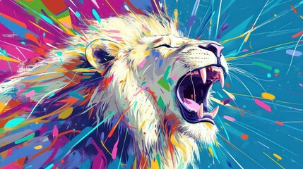 A vibrant graffiti portrait of a lion roaring, with bright colors and abstract lines radiating from the image.