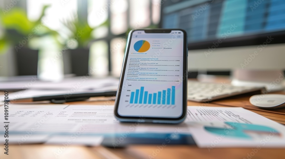 Poster financial analysis on smartphone display in modern office setting for business and reporting uses