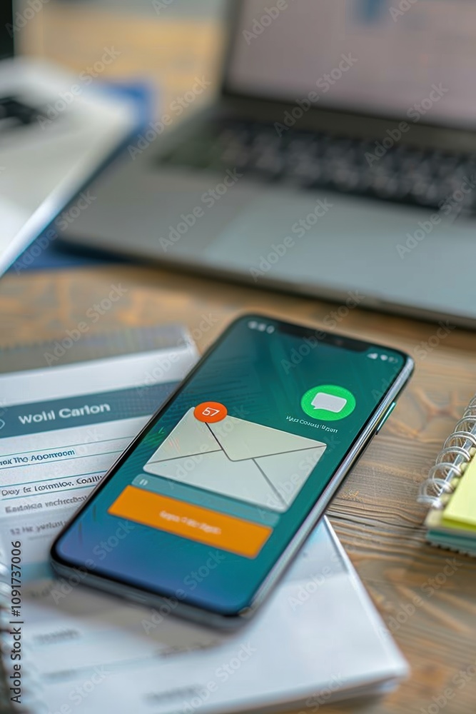 Aufkleber modern workspace with smartphone displaying new email calendar invite on screen