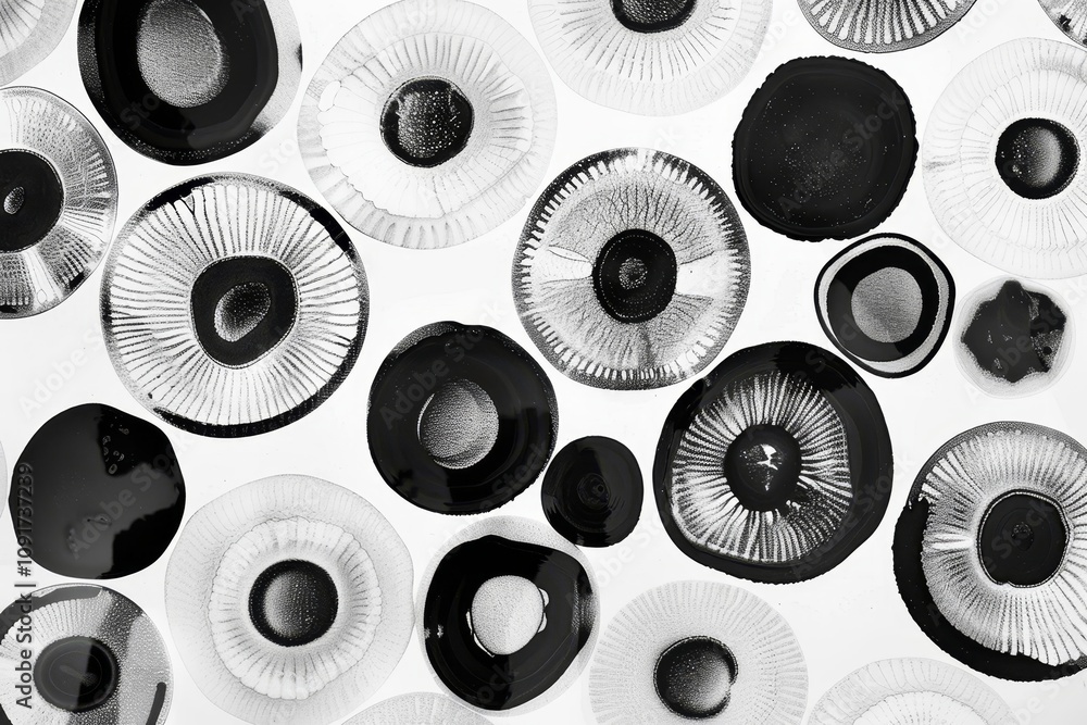 Poster a composition of various circular shapes in black and white, resembling mushrooms, creates an intrig