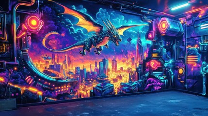 Obraz premium A vibrant street art mural of a dragon flying over a futuristic city, with glowing neon lights and metallic textures.