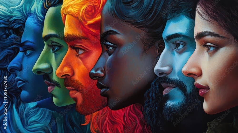 Poster diverse faces intertwined in vibrant expression of unity and inclusion