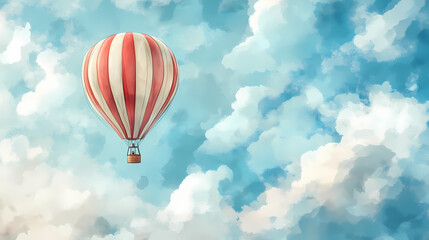 A hot air balloon is floating in the sky above a blue and white background. Floating Hot Airships. Illustration
