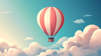 Obraz premium A hot air balloon is floating in the sky above a blue and white background. Floating Hot Airships. Illustration