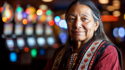 Obraz premium Native American woman in traditional attire standing in front of slot machines. Casino environment with colorful lights in the background. Cultural and leisure concept.