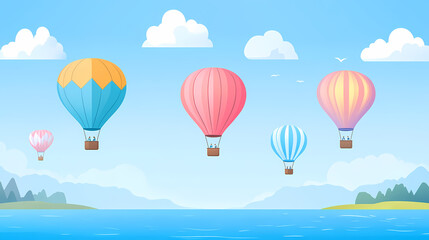Fototapeta premium A group of colorful hot air balloons floating over a serene body of water beneath a blue sky, dotted with fluffy white clouds. Floating Hot Airships. Illustration