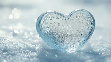 Obraz premium A delicate ice heart with smooth, rounded edges glistening in tiny water droplets. Resting on a frosty white background with subtle icy textures, it exudes a soft, serene coldness.