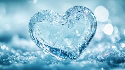 Obraz premium A delicate ice heart with smooth, rounded edges glistening in tiny water droplets. Resting on a frosty white background with subtle icy textures, it exudes a soft, serene coldness.