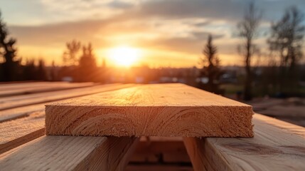 A serene sunset casts a golden hue over neatly stacked wooden planks at a construction site,...