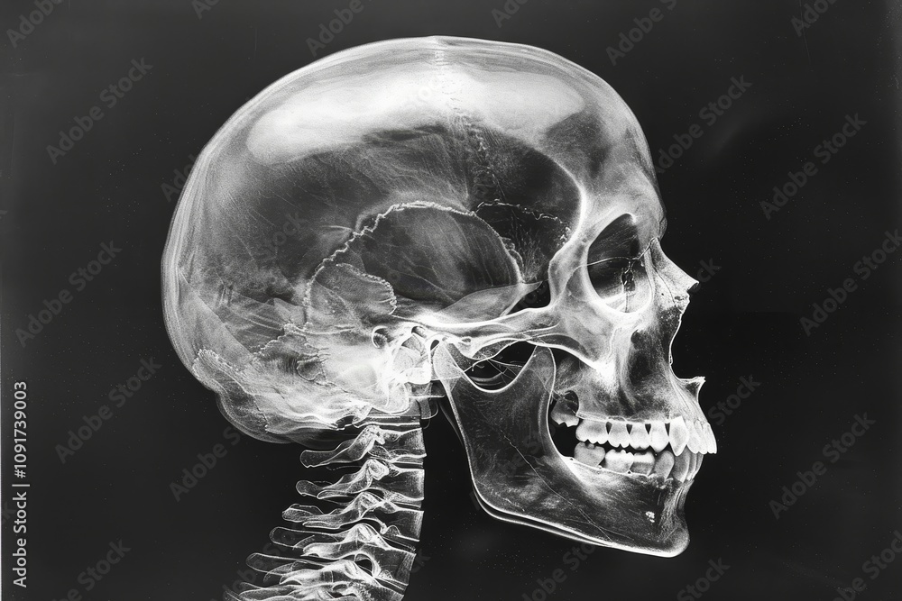 Poster the image presents an x-ray of a human skull from the side, clearly displaying the intricate bone st