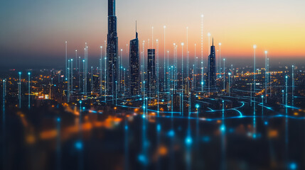Naklejka premium Smart digital Innovation Business skyscrapers in the Financial District with connection network reciprocity over the cityscape. of future smart wireless digital city and social media networking