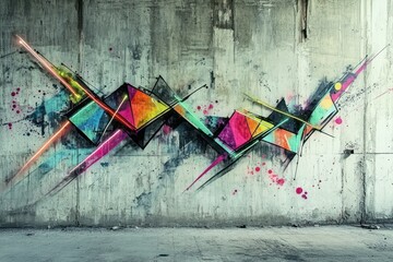 An abstract graffiti piece with geometric shapes and splashes of neon, stretching across an old factory wall.