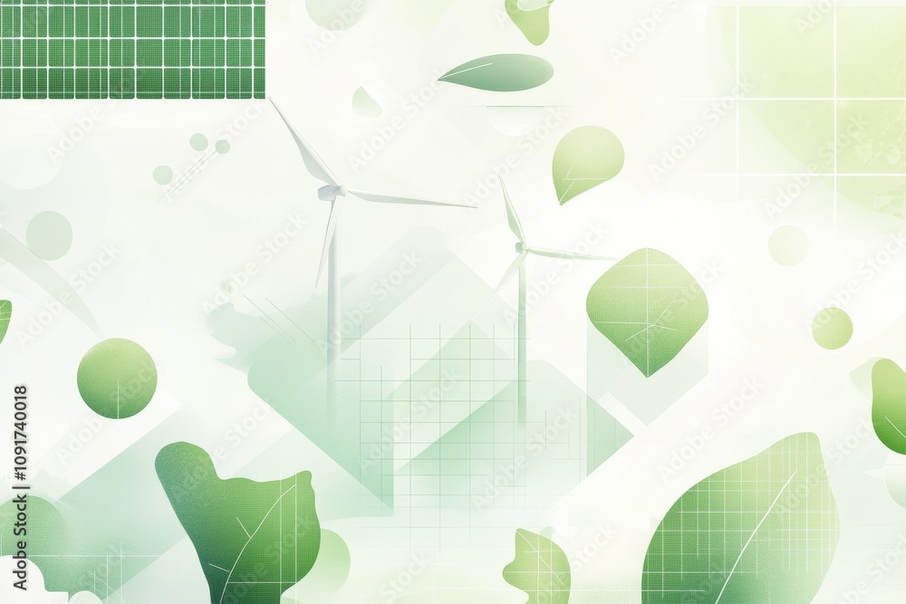 Aufkleber Solar panels and wind turbines are integrated into a minimalistic design featuring abstract green patterns, promoting renewable energy solutions. Generative AI