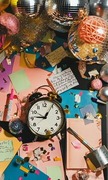 Colorful New Year Celebration Setup with Glitter, Notes, and a Classic Alarm Clock Surrounded by Party Decorations and Stationery for Festive Vibes