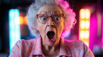 A surprised elderly woman with gray hair and glasses expresses shock with wide eyes and open mouth,...