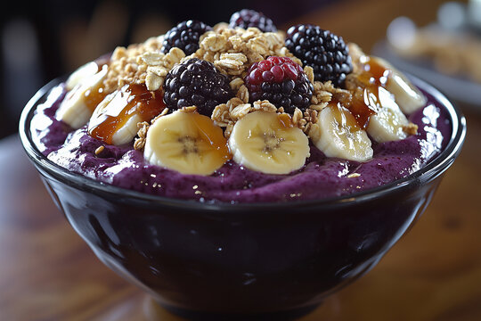 Colorful acai bowl topped with fresh fruits and granola served in a cozy caf&eacute; setting
