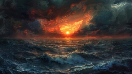 Fototapeta premium Dramatic Sunset Over Stormy Ocean Waves with Intense Cloudscape and Orange Glow