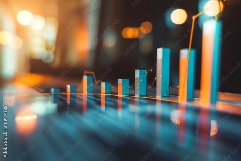 Poster a colorful financial chart displays market growth with bar graphs and lines at sunset in a contempor