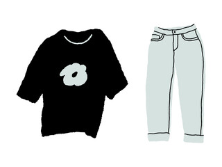 Naklejka premium Casual set of t-shirt and jeans. Bold hand drawn urban style apparel elements. Street style outfit. Flat graphic vector illustration isolated on white background