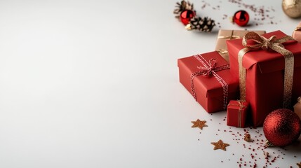 Red presents wrapped with golden ribbons lie amid glitter, pine cones, and decorations, creating a festive and inviting holiday atmosphere against a white backdrop.