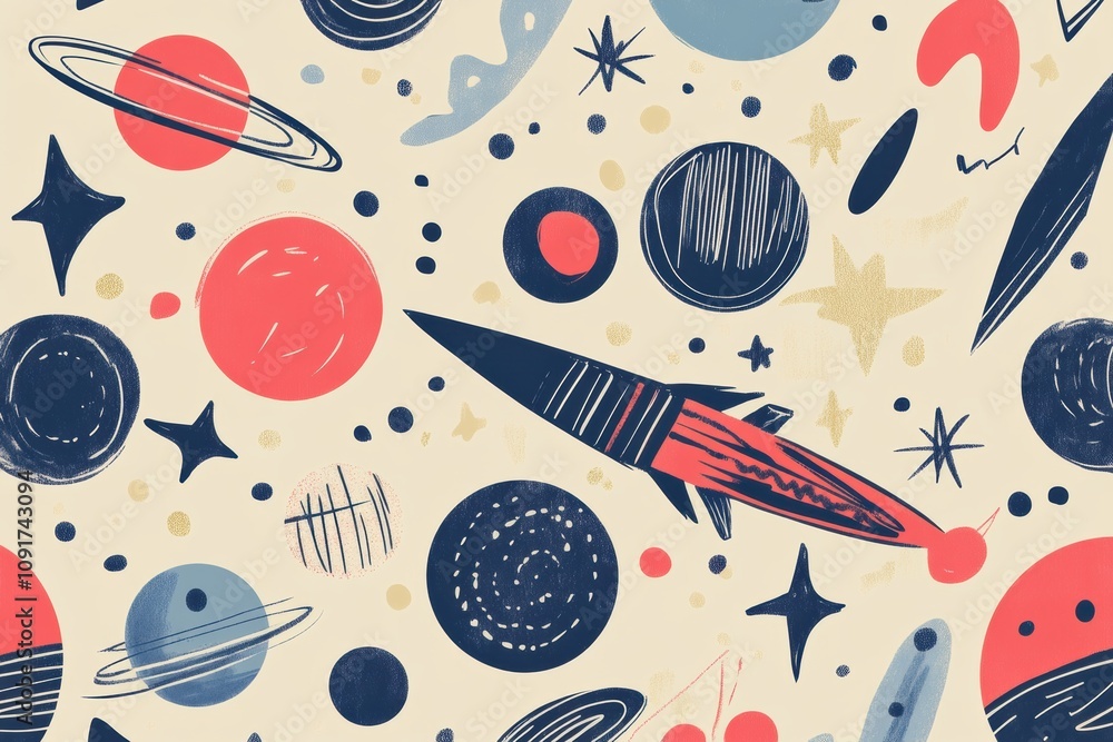 Poster a vibrant display of abstract doodles showcases planets, rockets, astronauts, and stars in a whimsic