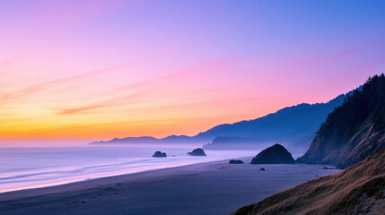 Fototapeta premium Sunset over a serene coastal landscape with vibrant hues and gentle waves, AI