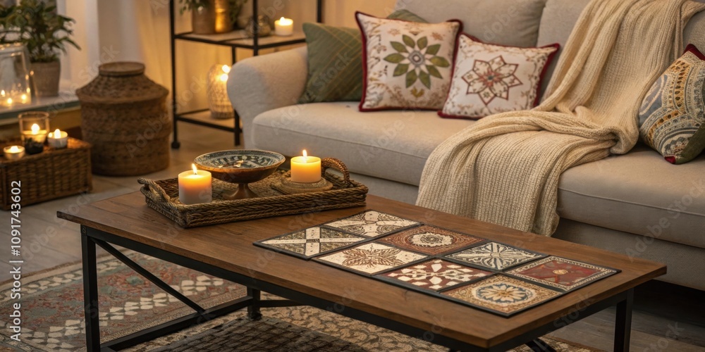Poster cozy evening ambience an intimate scene featuring a coffee table adorned with spatterned coasters co