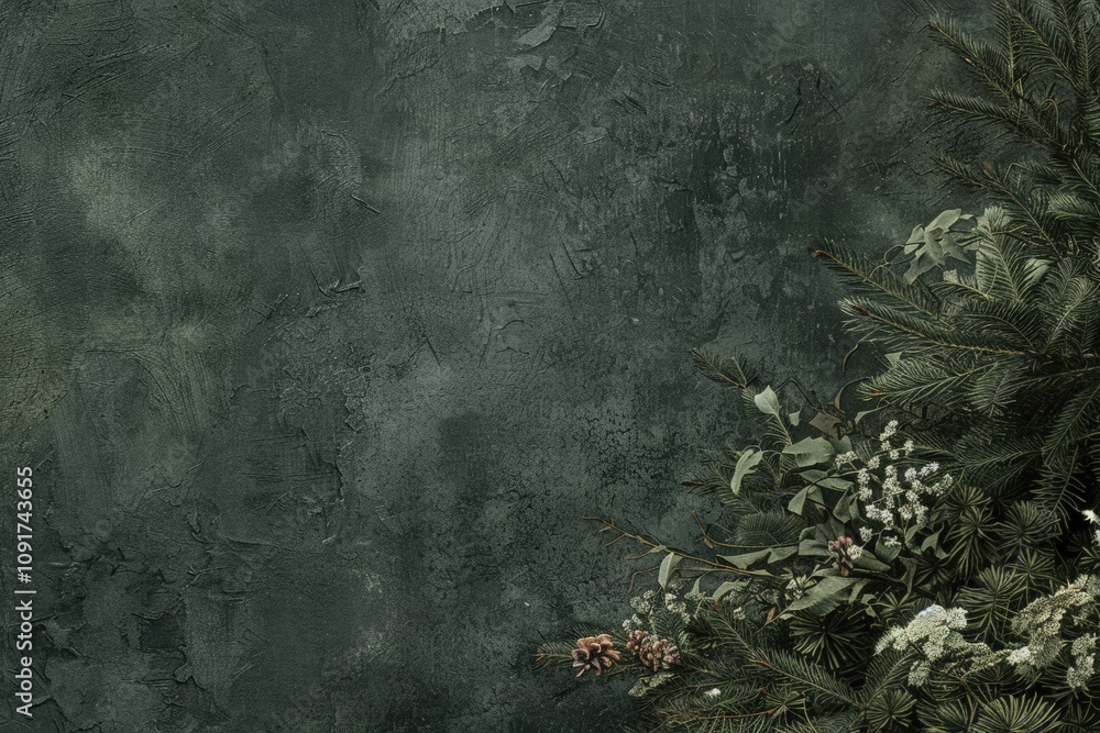 Poster a textured dark green background with subtle patterns, complemented by lush greenery and floral elem
