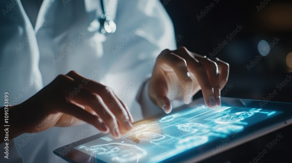 Poster doctor's hand interacting with a digital interface displaying medical data