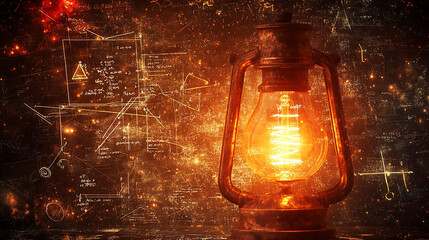 Glowing lamp as a symbol of scientific thought against the background of physical and mathematical formulas. Science and education background