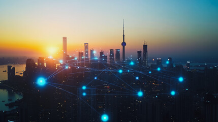 Fototapeta premium Smart digital Innovation Business skyscrapers in the Financial District with connection network reciprocity over the cityscape. of future smart wireless digital city and social media networking