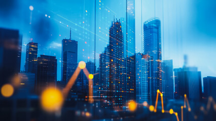 Obraz premium Smart digital Innovation Business skyscrapers in the Financial District with connection network reciprocity over the cityscape. of future smart wireless digital city and social media networking