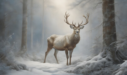 Obraz premium Watercolor drawing of a deer among snowy trees, vintage illustration style.