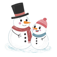 A cute pair of snowmen isolated on a white background. Christmas design concept.  Vector illustration. It can be used in web design, social media, and advertising.
