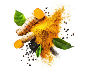 Explosion in mid air of orange turmeric powder isolated on a transparent background, PNG file