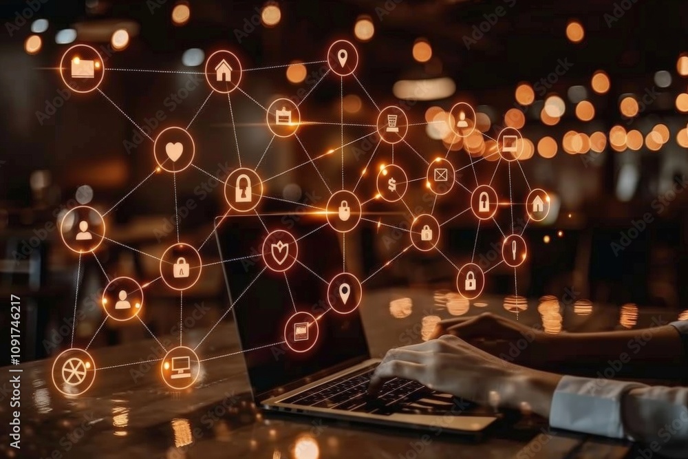 Poster a person using a laptop with digital icons representing network connections and data, set in a warm-