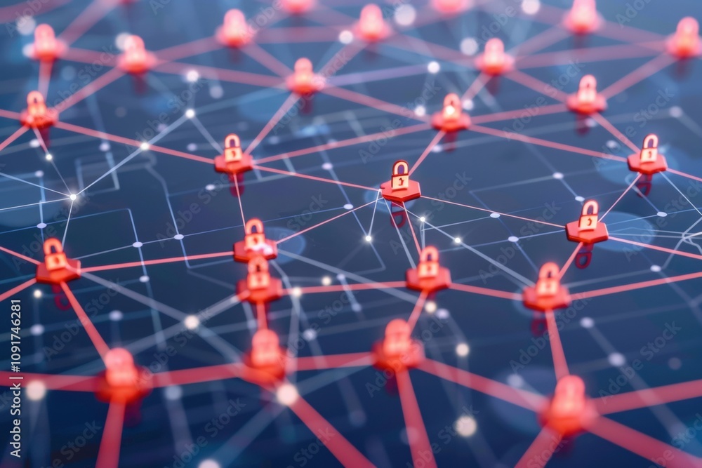 Poster a digital network graphic featuring interconnected nodes with red padlock icons, symbolizing cyberse