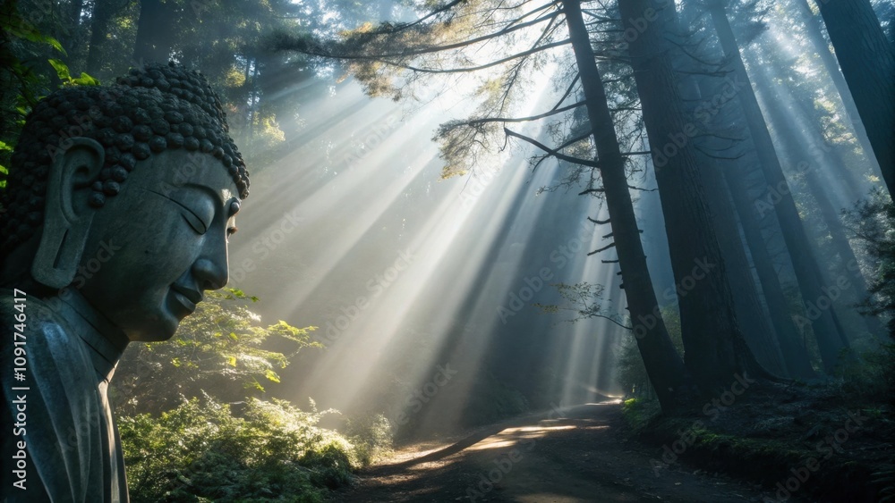 Aufkleber the face radiates tranquility as beams of light filter down creating an intricate web of illuminatio