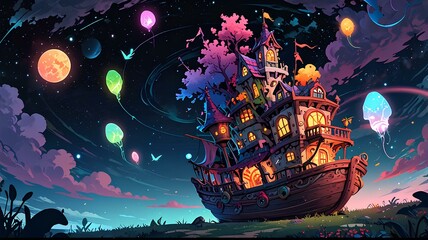 Obraz premium A vibrant ship adorned with colorful balloons soaring through a bright blue sky.